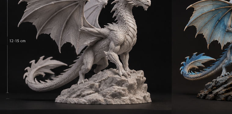 Unpainted 3D printed dragon figure next to a painted reference